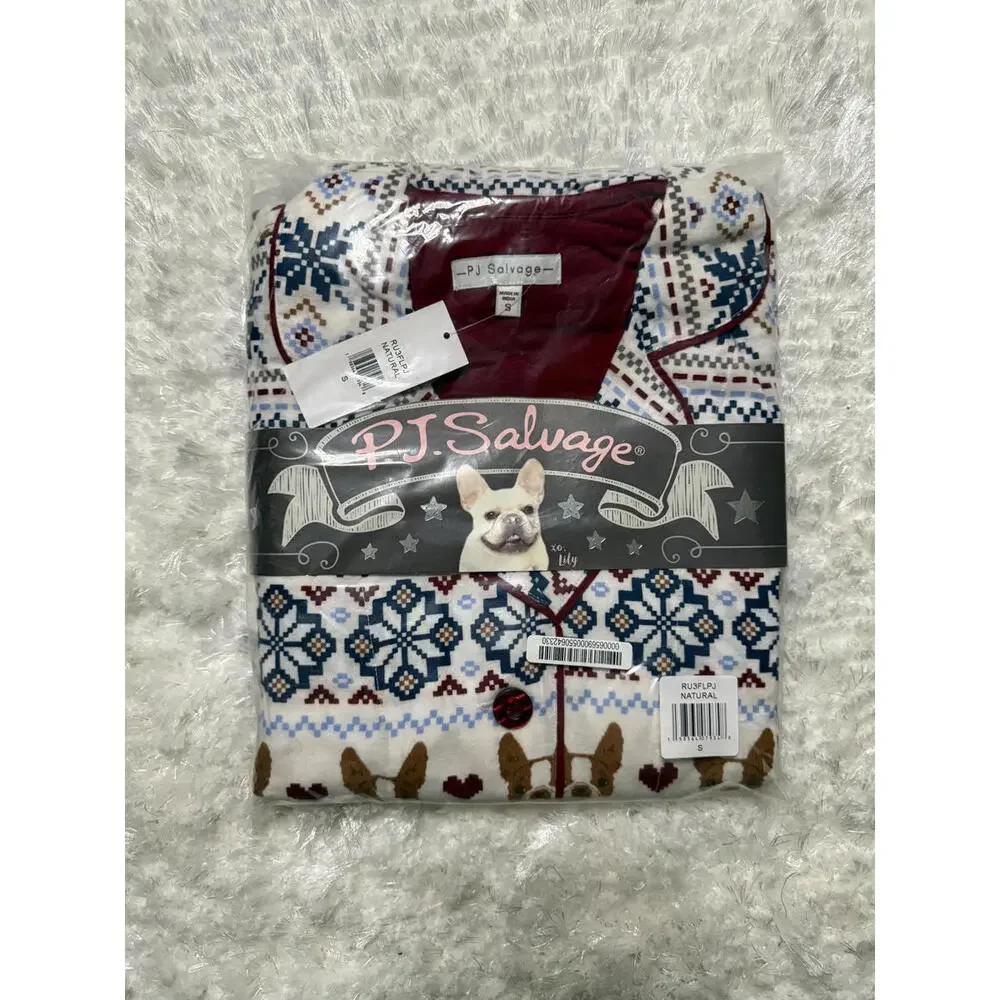 NWT! PJ Salvage Lightweight Flannel Pajamas French Bulldog Pattern Size Small